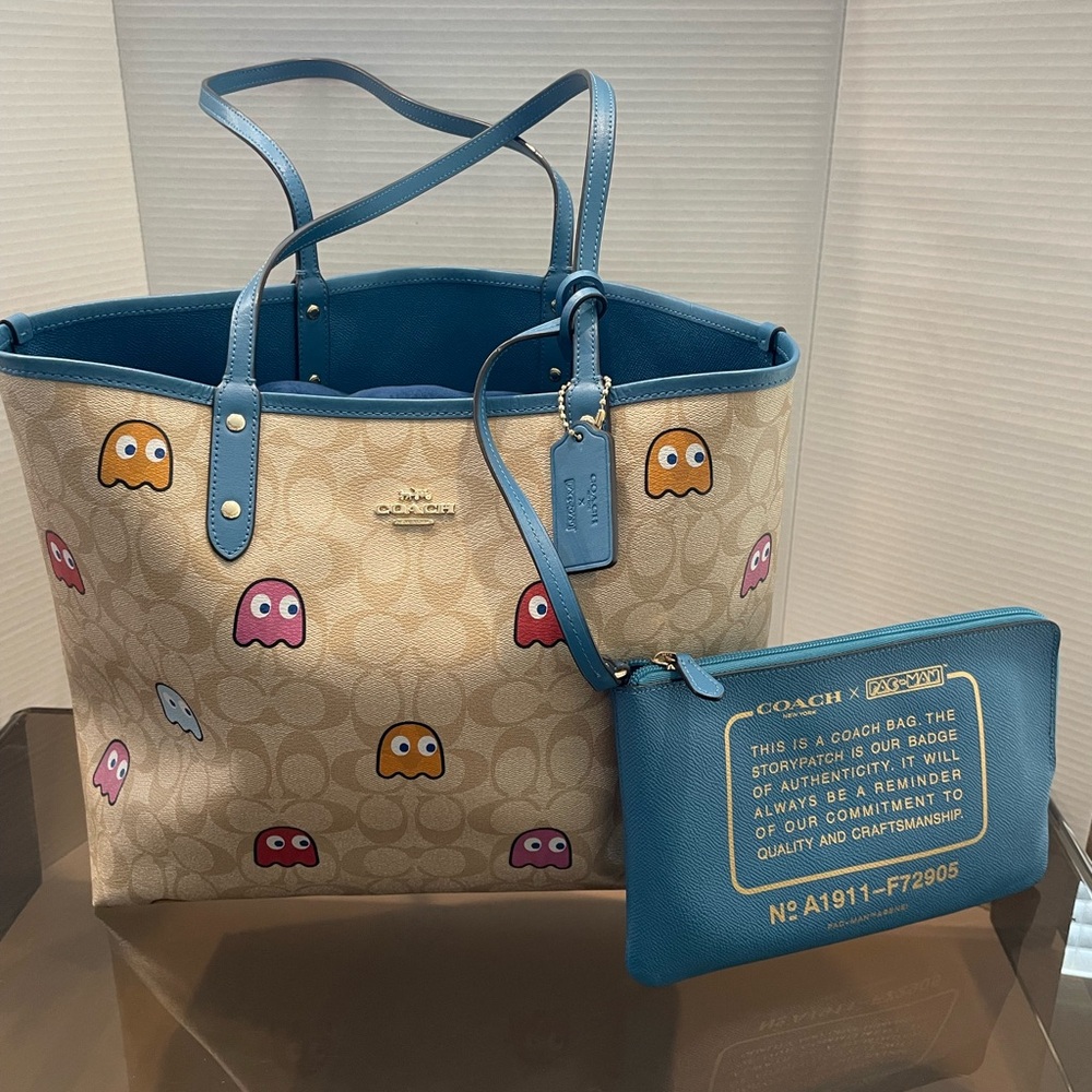 Coach Beige and River Blue PAC-MAN collab reversible tote from 2019